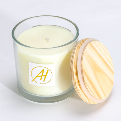 درب چوبی پنبه فیتیله شیشه ای شمع معطر 420 گرمی 10*10 سانتی متر