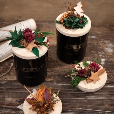 جعبه کادو عروسی شمع معطر کریسمس مومی سبز مشکی گل درب چوبی