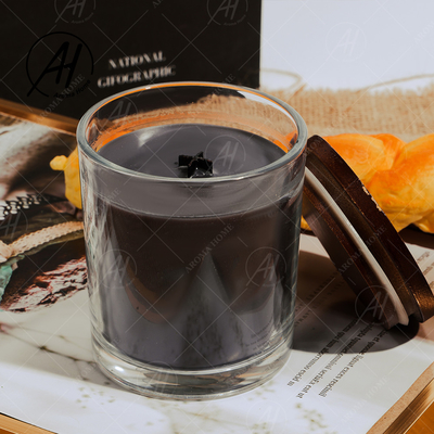 شمع عطری وانیلی موم سویا مشکی شیشه شفاف سفارشی با درب چوبی