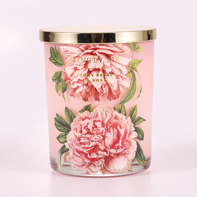 شمع معطر ظرف شیشه ای 415 گرمی چاپ گل صورتی با درب فلزی